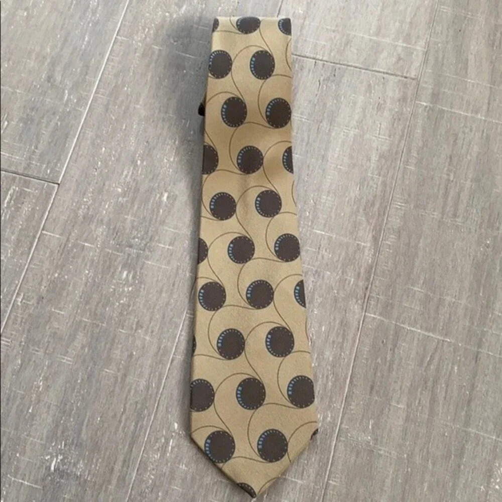 Giorgio Armani Men's Polka Dot Circle Pattern 100% Silk Yellow & Brown Tie